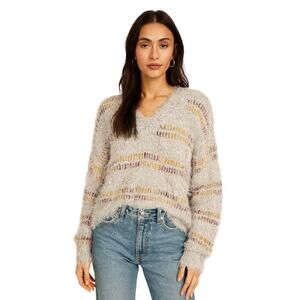 New Directions Drop Shoulder Eyelash Knit Striped V-Neck Sweater - Large